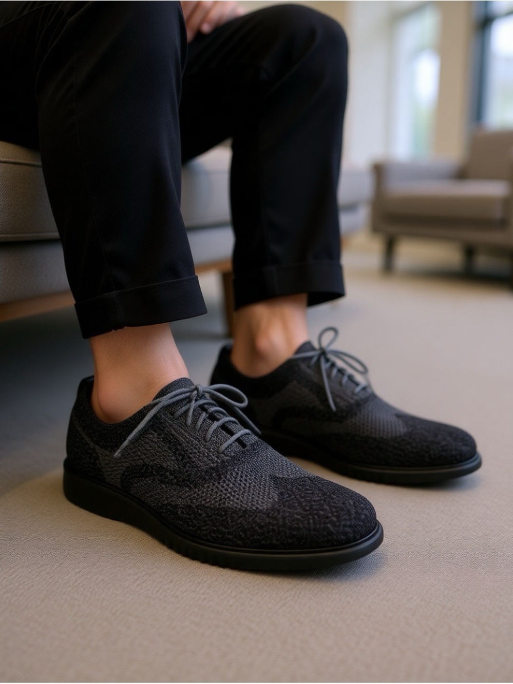 NWOB COLE HAAN x ZEROGRAND Gray Black Stitchlite Wingtip Knit Oxford Sneakers